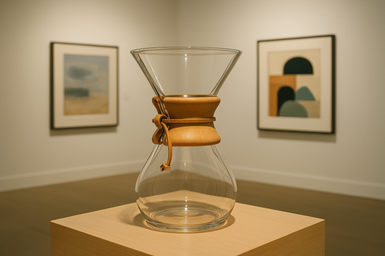 Imagem de um Chemex sendo exibido em uma galeria de arte. Imagem ilustrativa